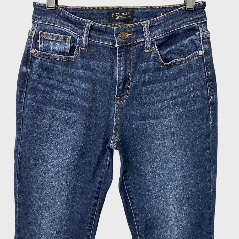 Judy Blue Mid-Rise Destroyed Slim Fit Jeans Women's Size 27 Distressed Raw-Hem - Picture 5 of 11